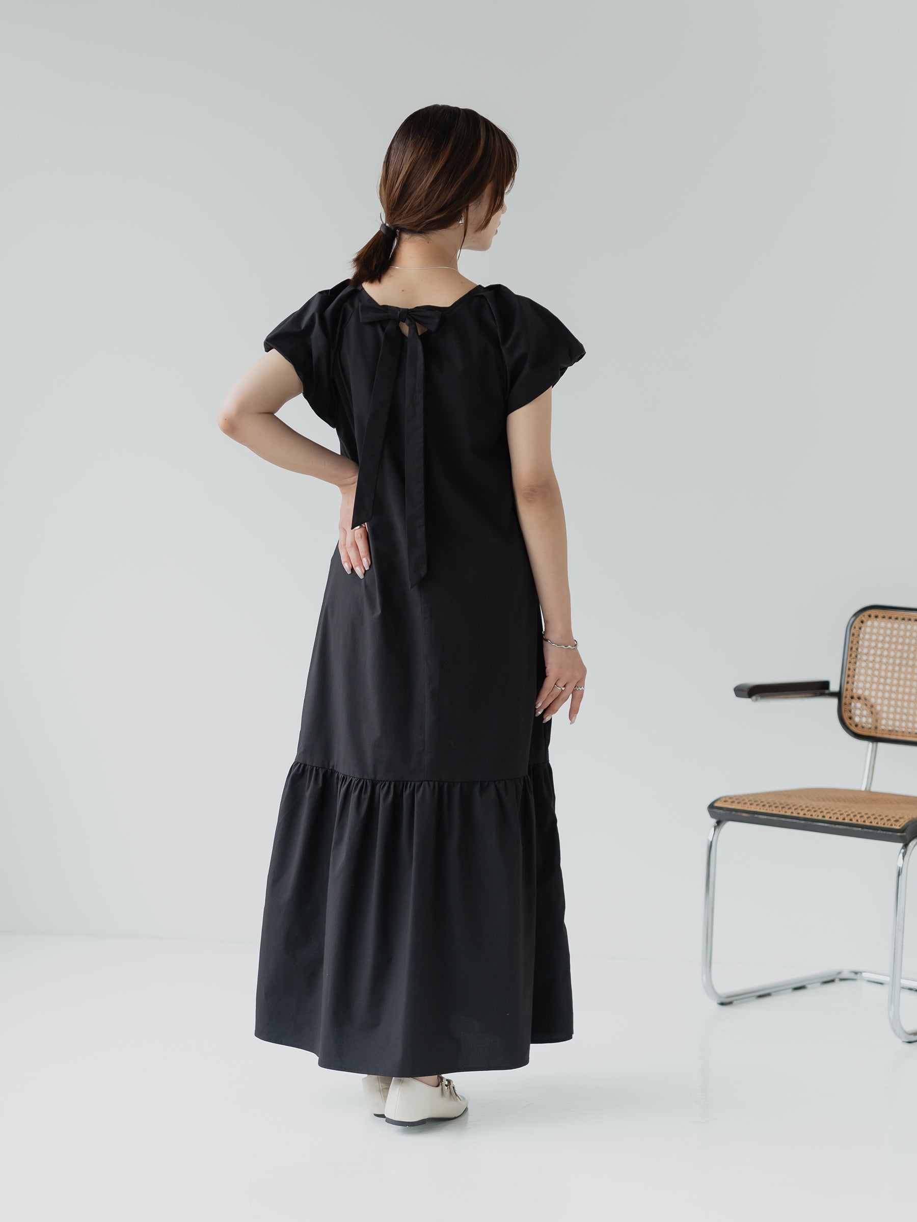 Back Ribbon Frill Sleeve Dress