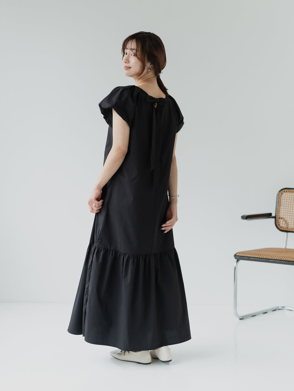 Back Ribbon Frill Sleeve Dress