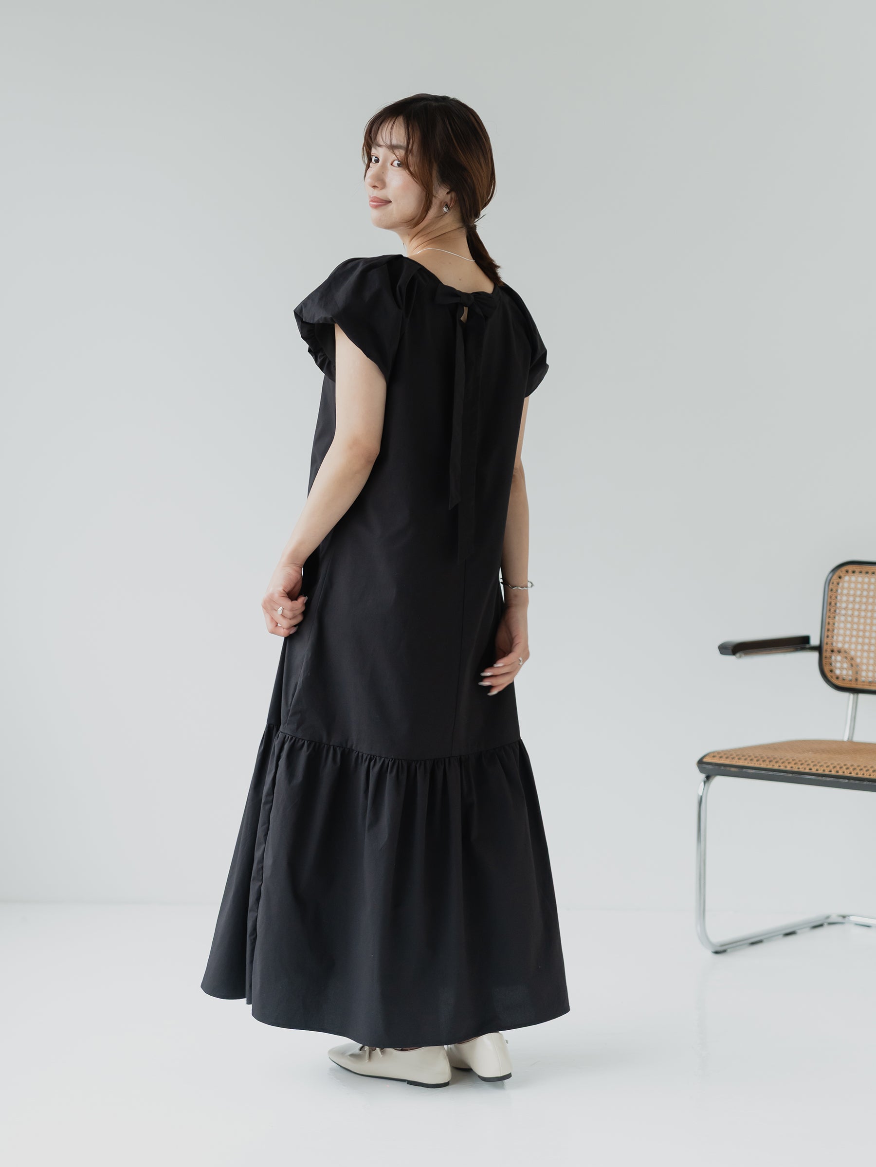 Back Ribbon Frill Sleeve Dress